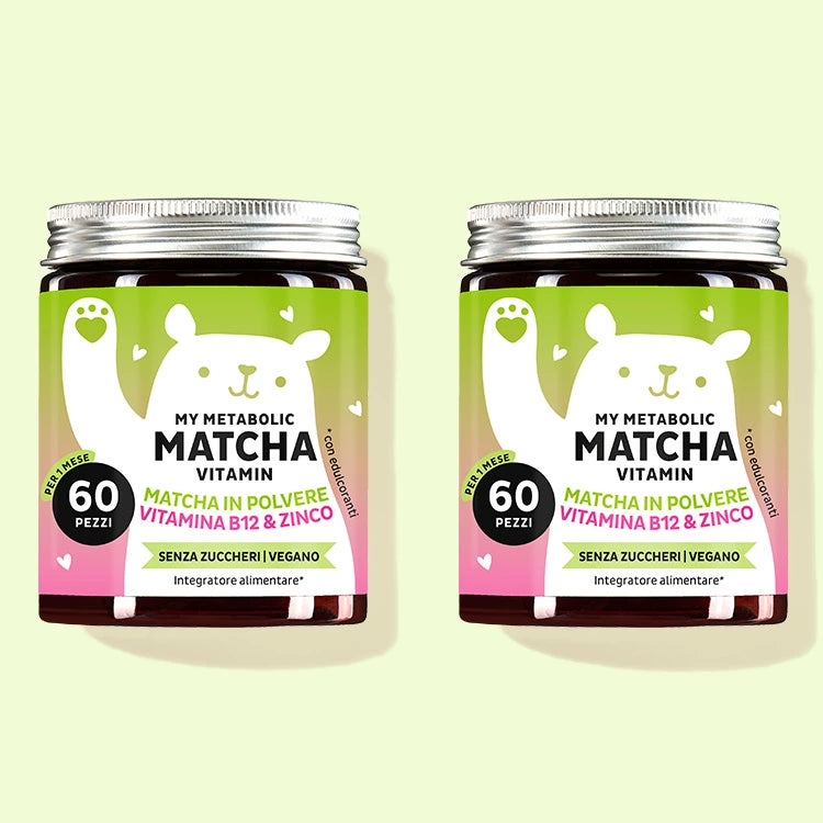 Due confezioni di My Metabolic Matcha con polvere di Matcha, vitamina B12 e zinco da Bears with Benefits.