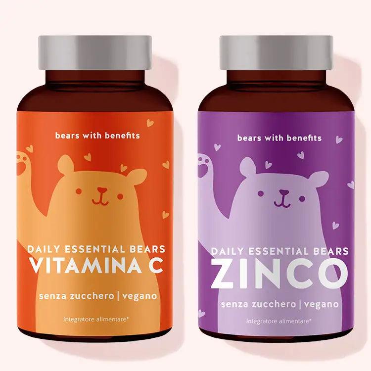 Set "Difesa contro il raffreddore: Vitamina C + Zinco" composto dalle vitamine Daily Essential Bears con Vitamina C e Daily Essential Bears con Zinco di Bears with Benefits." composto dalle 