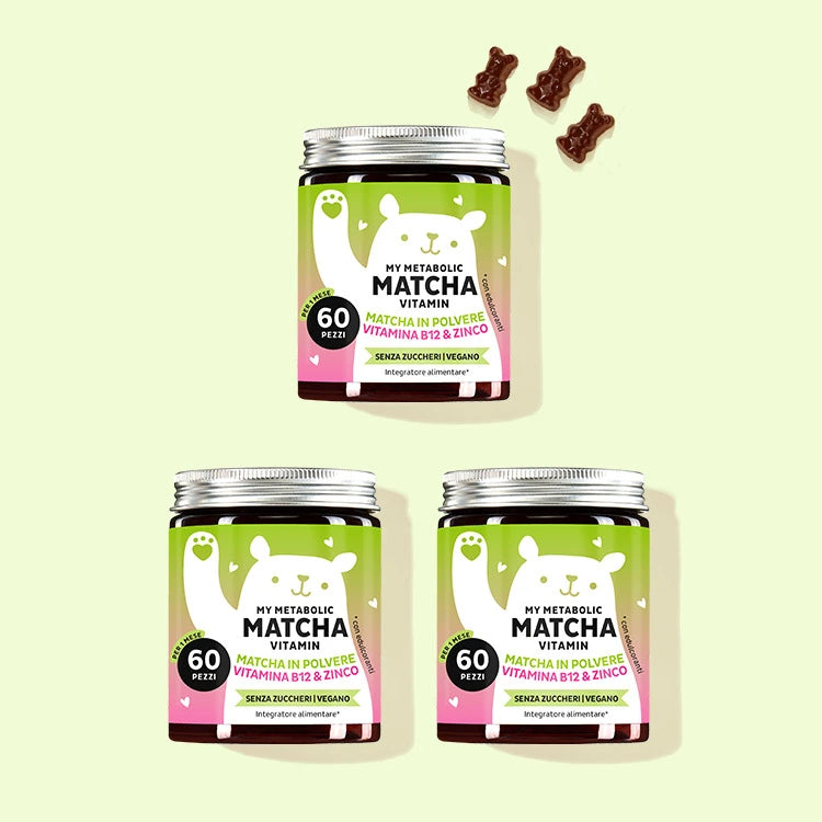 Tre confezioni di My Metabolic Matcha con polvere di Matcha, vitamina B12 e zinco da Bears with Benefits.