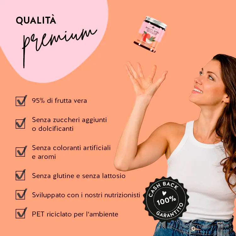 Il Prodotto Beauty Bites contiene il 95% di frutta, è privo di glutine e lattosio e privo di coloranti e aromi artificiali.