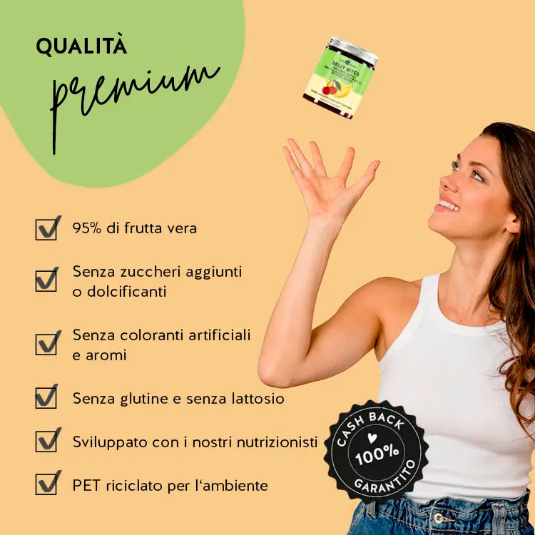 Il Prodotto Belly Bites contiene il 95% di frutta, è privo di glutine e lattosio e privo di coloranti e aromi artificiali.