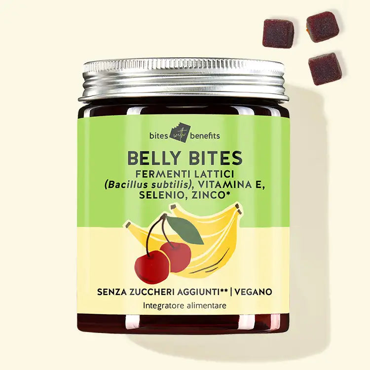 Una confezione del prodotto belly Bites con fermenti lattici e vitamina E per il sistema immunitario.