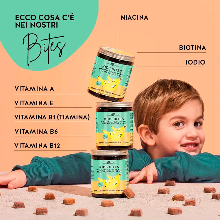 Ecco cosa c'è nei nostri Kids Bites, multivitaminico per bambini: vitamine A, E, B1, B6, B12, Niacina, Biotina, Iodio.