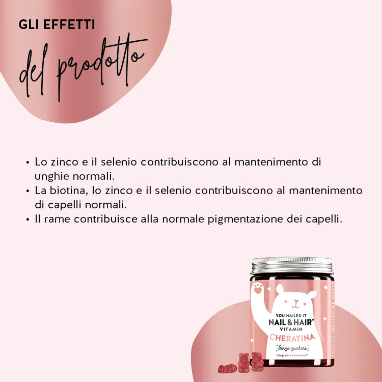 Ecco come agiscono gli orsetti You Nailed it Nail & Hair Vitamin con cheratina da Bears with Benefits:  Lo zinco e il selenio contribuiscono al mantenimento di unghie normali, Biotina, zinco e selenio contribuiscono al mantenimento di capelli normali, ll rame contribuisce alla normale pigmentazione dei capelli.