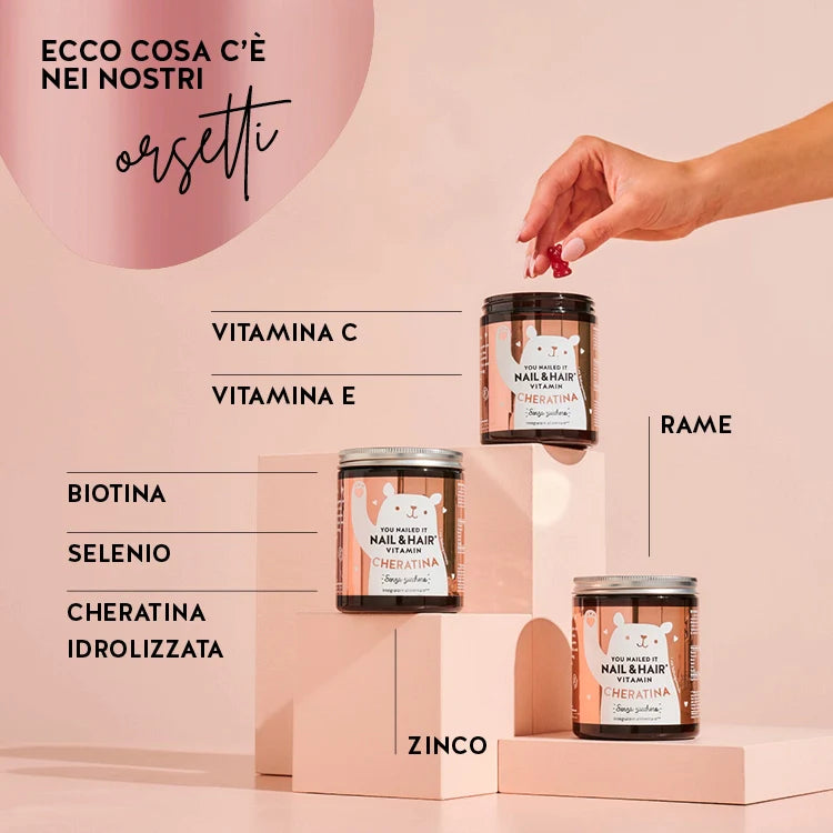 Questa immagine mostra gli ingredienti del prodotto You Nailed it Nail & Hair con cheratina da Bears with Benefits: Vitamina C, Vitamina E, Biotina, selenio, cheratina idrolizzata, zinco e rame.