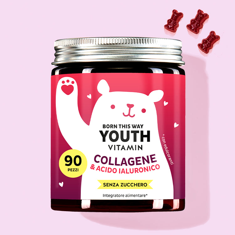 Una confezione di Vitamine Born This Way Youth con collagene et acido ialuronico da Bears with Benefits per anti-età