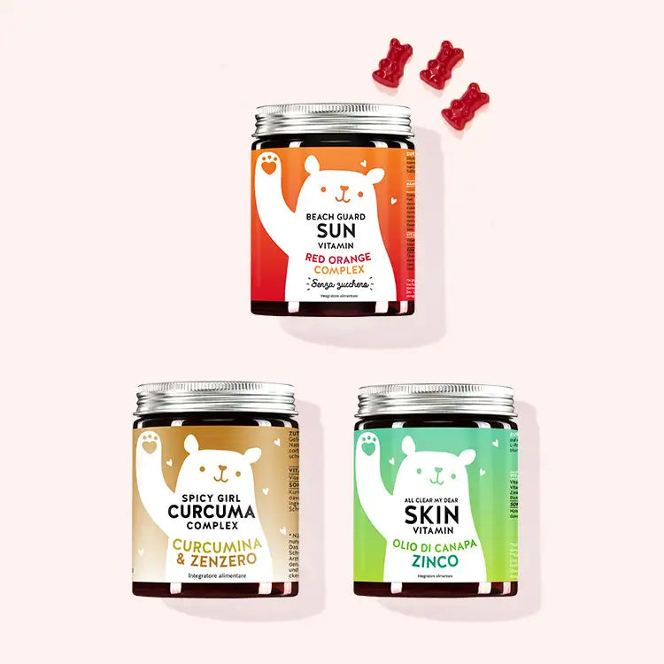 Il trio Eroi della pelle è composto dalle vitamine Beach Guard Sun, Spicy Girl con curcuma e All Clear my Dear da Bears with Benefits.