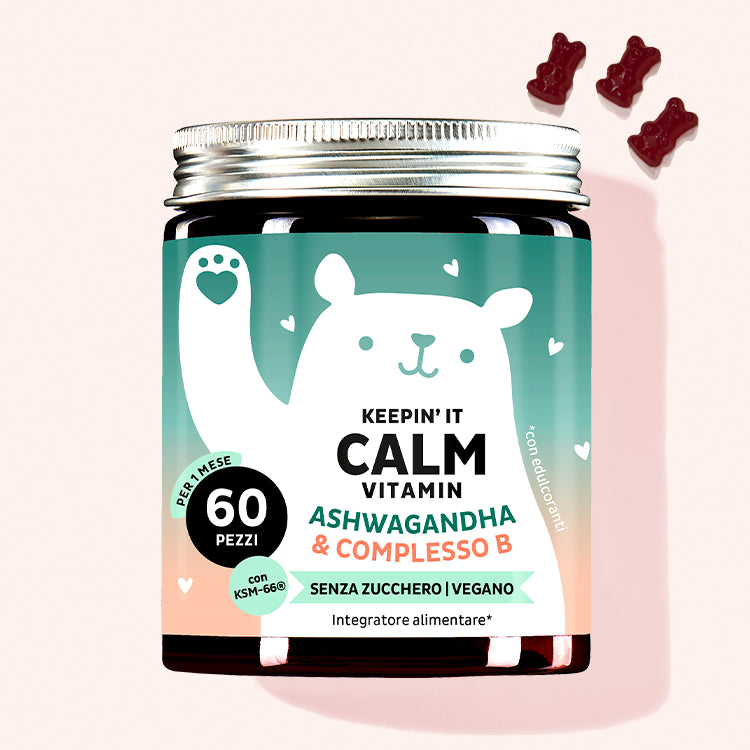 Una confezione di Keepin' It Calm Vitamins con Ashwagandha da Bears with Benefits per meno stress e più pace interiore.