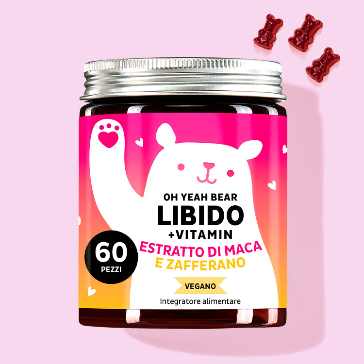 In questa immagine è raffigurata una confezione del prodotto Oh Yeah Bear Libido con estratto di maca di Bears with Benefits.