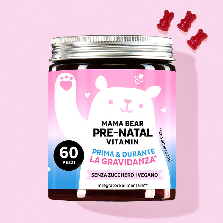 Una confezione di vitamine Mama Bear Pre-Natal da Bears with Benefits come sostegno prima e durante la gravidanza.