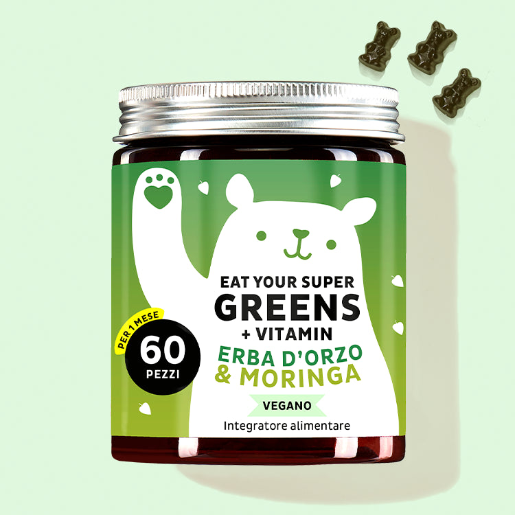 Una confezione di vitamine Eat your Super Greens con erba d'orzo, moringa e altre 6 piante da Bears with Benefits come tuttofare per il tuo benessere.