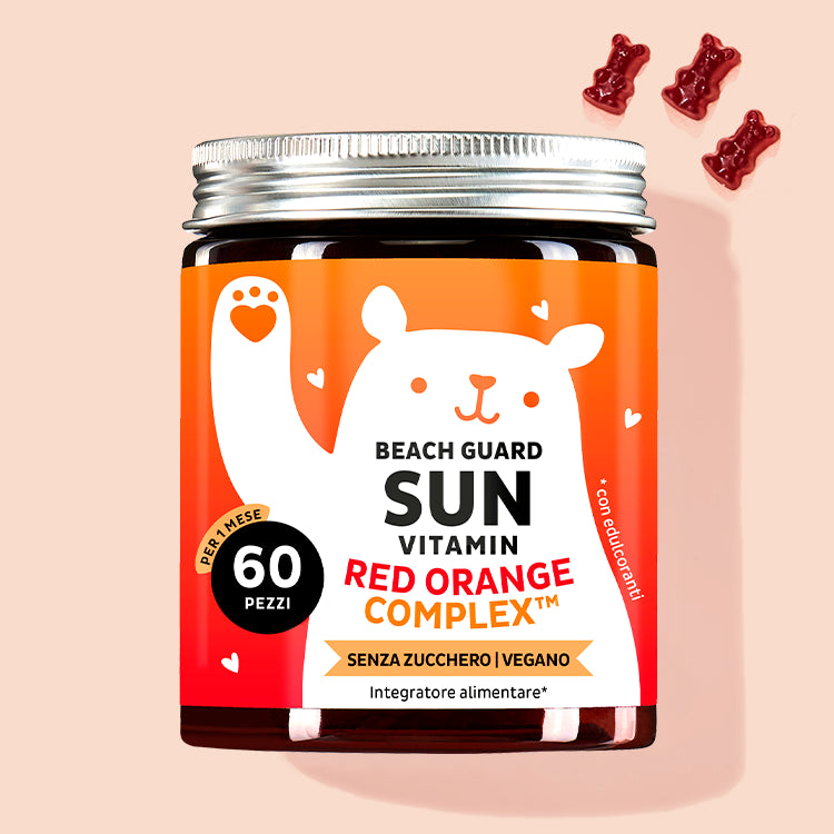 Una confezione di Vitamine Beach Guard Sun con Red Orange Complex, Vitamina C et E per pelle danneggiata dal sole.