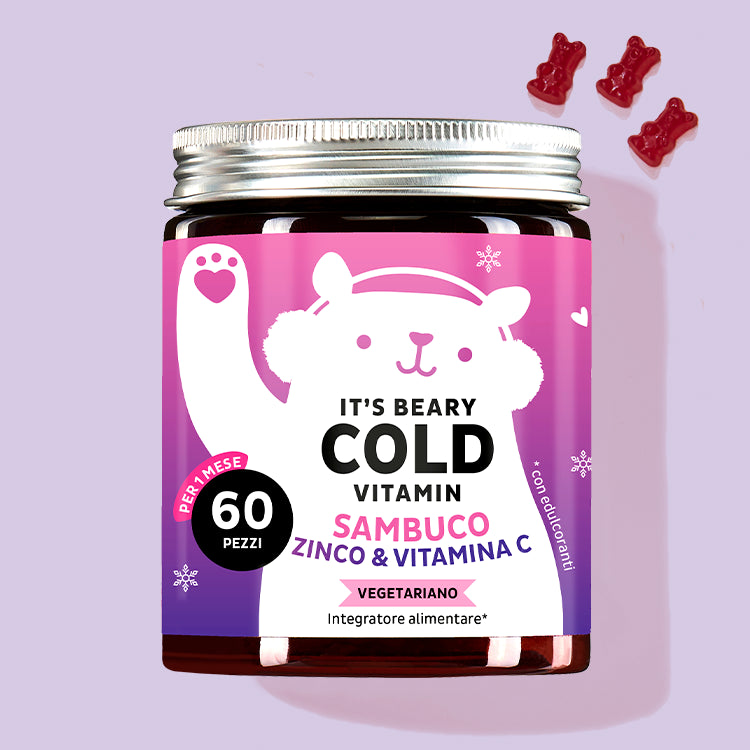 Una confezione di vitamine It’s Beary Cold con estratto di sambuco, zinco e vitamina C da Bears with Benefits come toccasana per la stagione fredda.