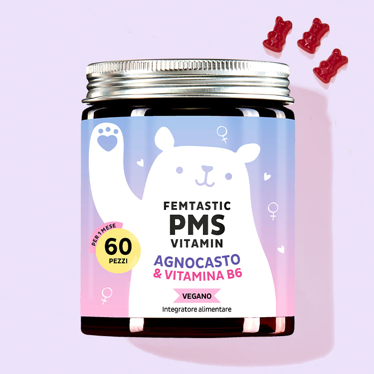 Una confezione di Vitamine Femtastic PMS con agnocasto e vitamina B6 da Bears with Benefits per un ciclo equilibrato.