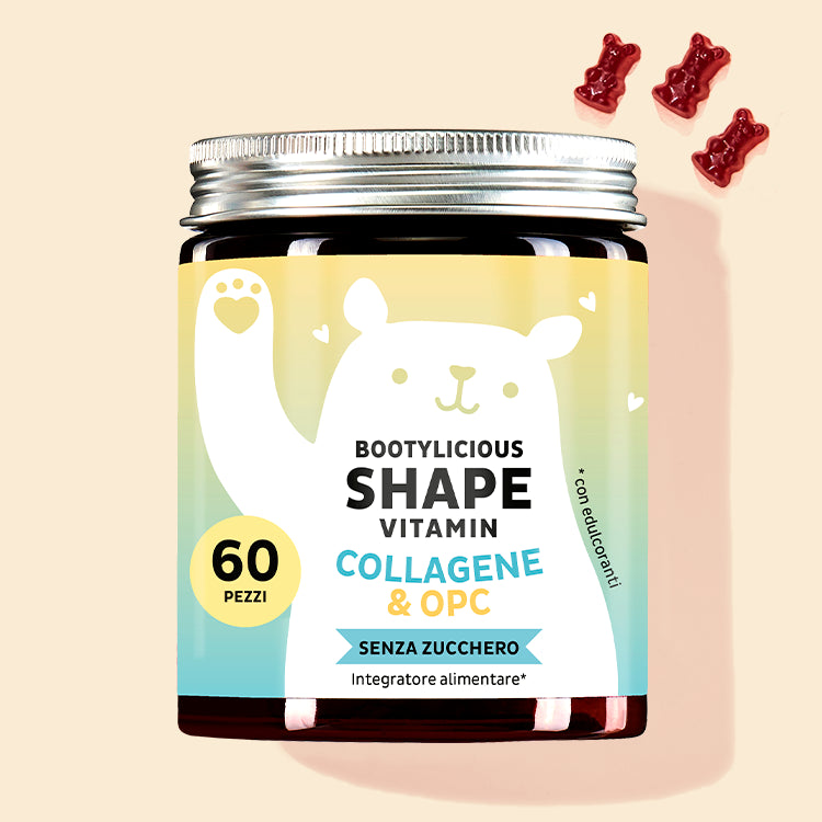 Una confezione di Vitamine Bootylicious Shape con OPC e collagene da Bears with Benefits per tono della pelle del corpo.