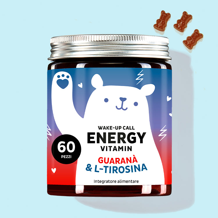 Una confezione di vitamine Wake-Up Call Energy con estratto di guaranà e l-tirosina da Bears with Benefits per una spinta energetica naturale.