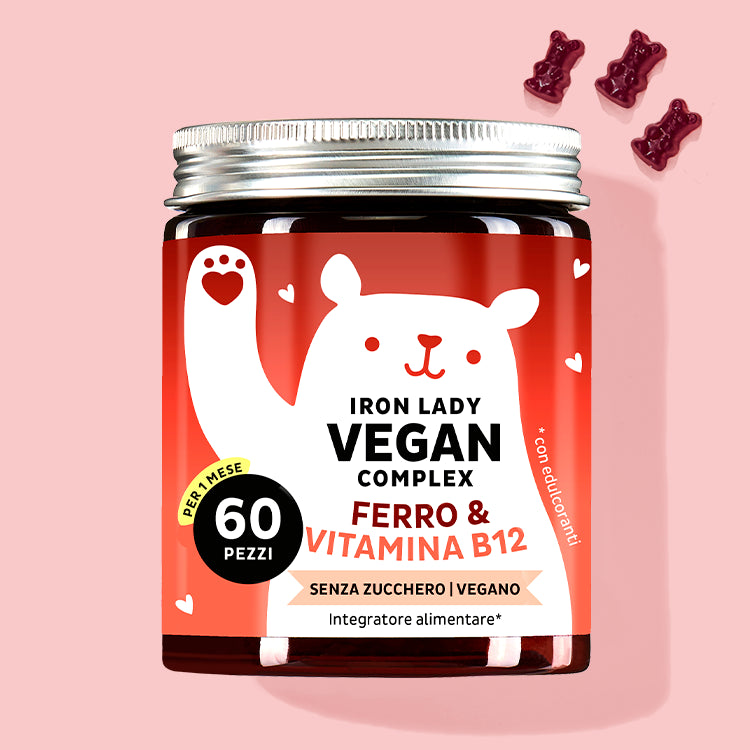 Questa immagine mostra una confezione del prodotto Iron Lady Vegan Complex con Ferro da Bears with Benefits.