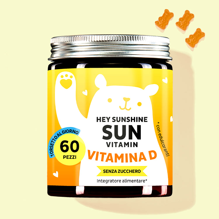 Una confezione di Hey Sunshine Sun con vitamina D per le ossa e i muscoli da Bears with Benefits.