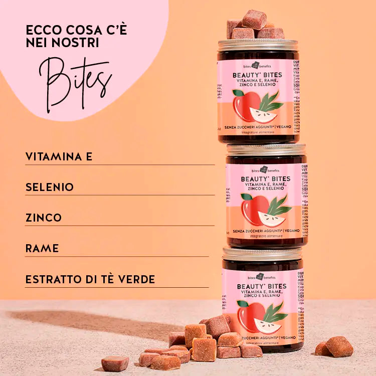 L'immagine mostra gli ingredienti dei beauty Bites: vitamina E, selenio, zinco, rame e stratto di tè verde.