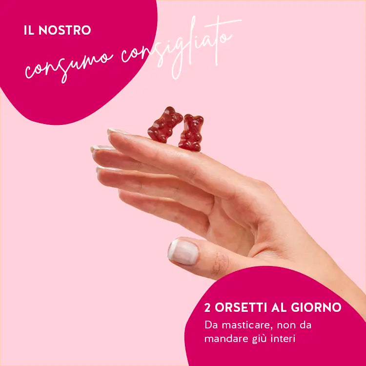 Il consumo consigliato del prodotto You Make My Heart Beet con estratto di barbabietola per il funzionamento del cuore è di due orsetti gommosi al giorno.