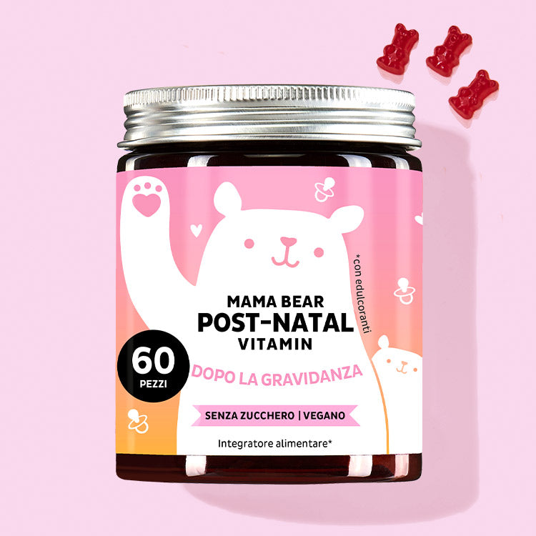 Una confezione di vitamine Mama Bear Post-Natal con ferro e selenio da Bears with Benefits per tutte le neomamme.