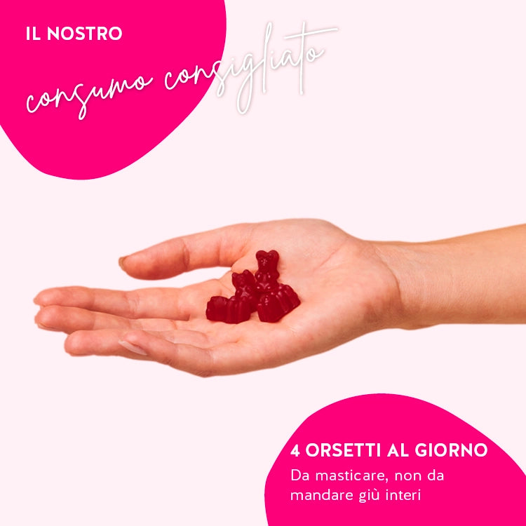 Questa immagine mostra il consumo consigliato degli Orsetti Daily Essential Bears con magnesio di Bears with Benefits.