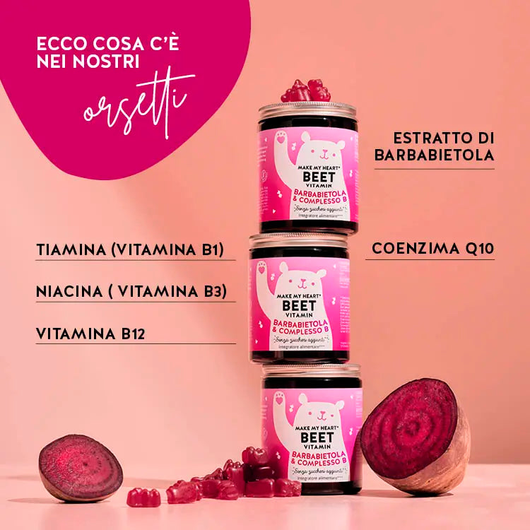 Lista degli ingredienti del prodotto You Make My Heart Beet per il benessere del cuore: estratto di barbabietola, vitamine B1, B3, B12 e Coenzima Q10.