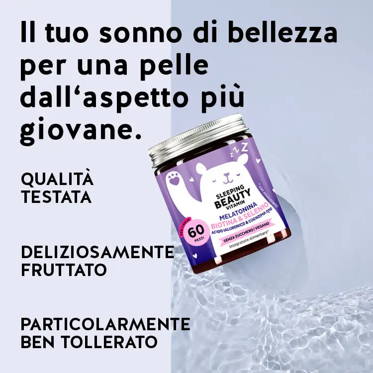 Benefici dell'Integratore Sleeping Beauty con melatonina: Qualità testata, deliziosamente fruttato e ben tollerato. Da Bears with Benefits.