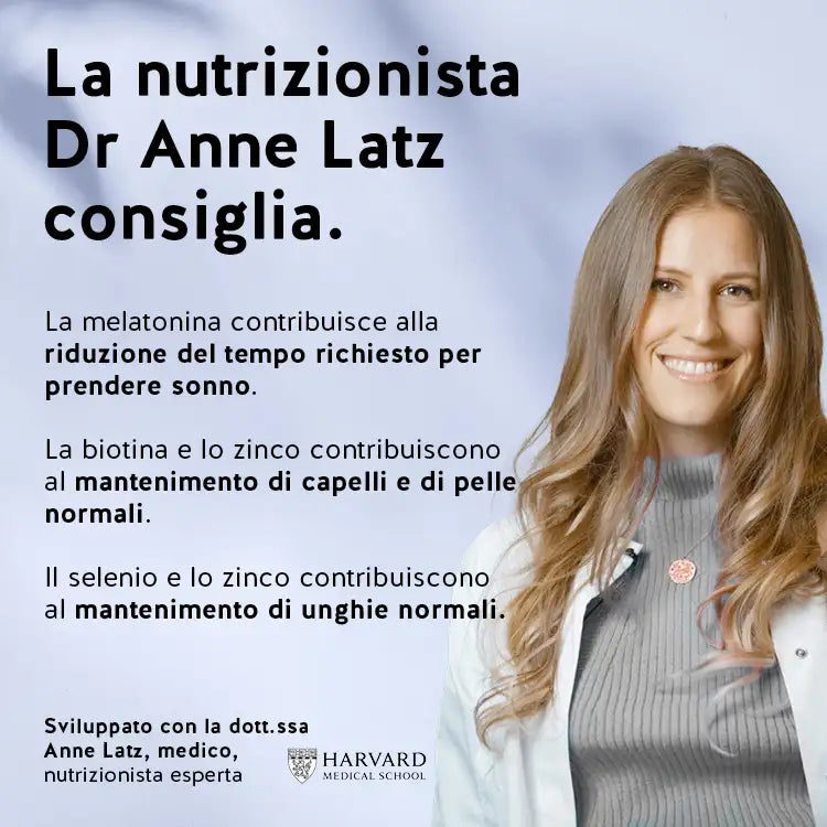 Effetti dell'Integratore Sleeping Beauty con melatonina, biotina, zinco e selenio spiegati dal medico Anne Latz da Bears with Benefits.