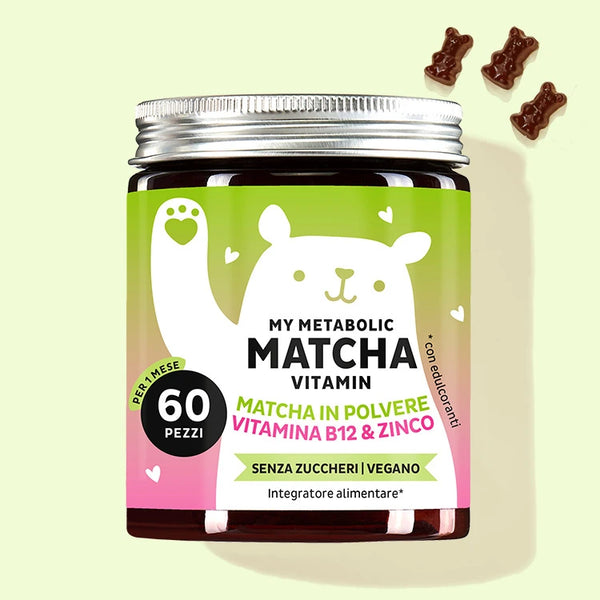Una confezione di My Metabolic Matcha con polvere di Matcha, vitamina B12 e zinco da Bears with Benefits.