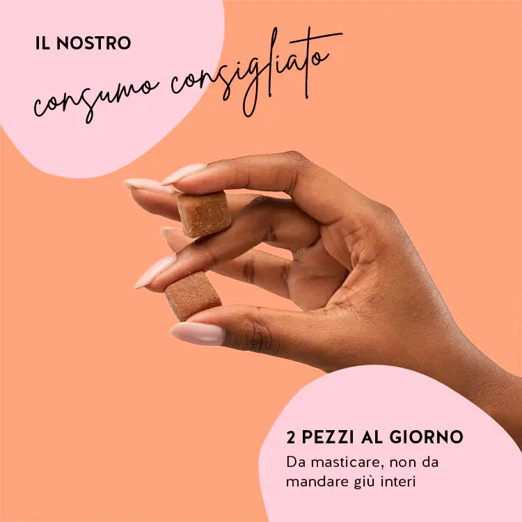 L'immagine mostra che il consumo consigliato dei beauty bites è di 2 pezzi al giorno.