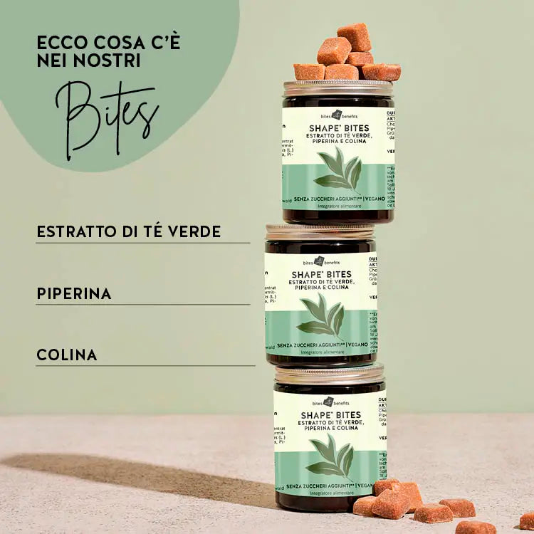 Ecco cosa c'è negli Shape Bites con colina per accelerare il metabolismo: estratto di té verde, piperina, colina.