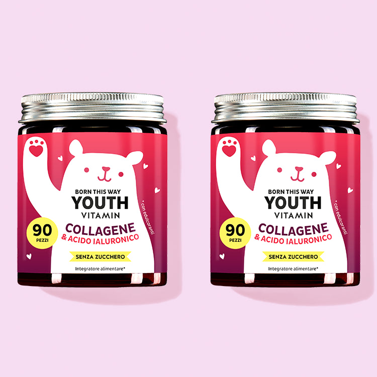 Due confezioni di Vitamine Born This Way Youth con collagene et acido ialuronico da Bears with Benefits per un effetto anti-età.