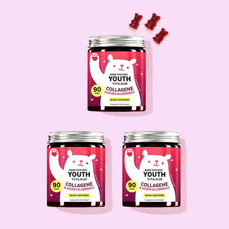 Tre confezioni di Vitamine Born This Way Youth con collagene et acido ialuronico da Bears with Benefits per un effetto anti-età.