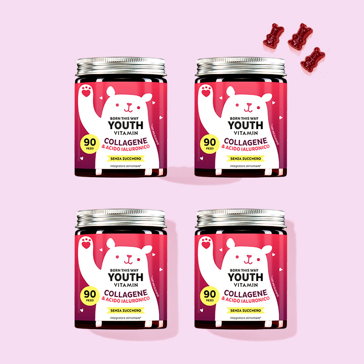 Quattro confezioni di Vitamine Born This Way Youth con collagene et acido ialuronico da Bears with Benefits per un effetto anti-età.