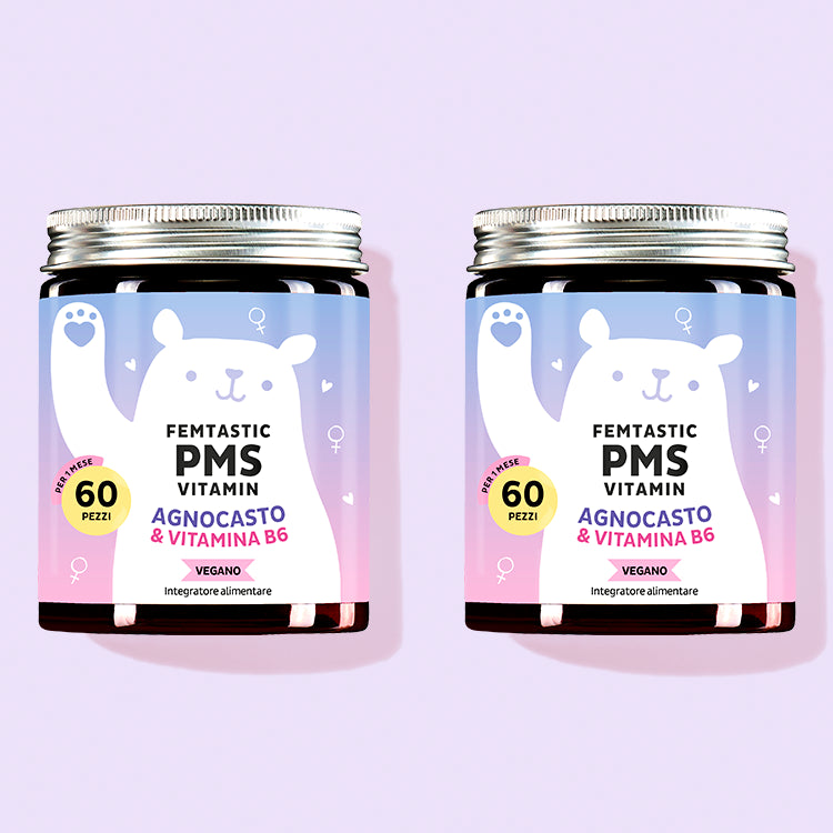 Due confezioni di Vitamine Femtastic PMS con agnocasto e vitamina B6 da Bears with Benefits per un ciclo equilibrato.