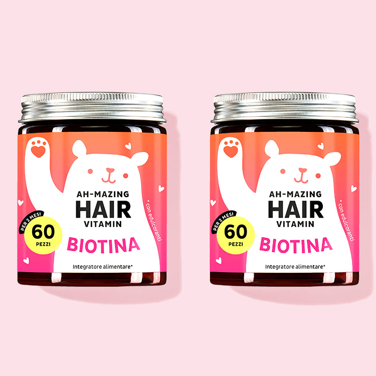 Due confezioni di Vitamine Ah-mazing Hair Vitamins con biotina da Bears with Benefits per capelli forti e belli.