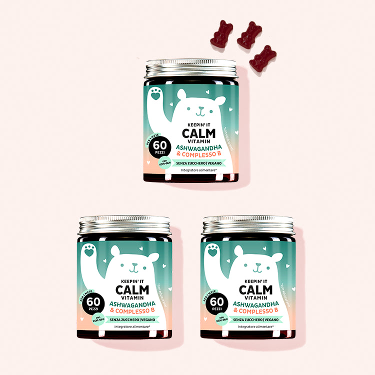 Tre confezioni di Keepin' It Calm Vitamins con Ashwagandha da Bears with Benefits per meno stress e più pace interiore.