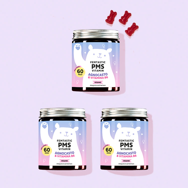 Tre confezioni di Vitamine Femtastic PMS con agnocasto e vitamina B6 da Bears with Benefits per un ciclo equilibrato.