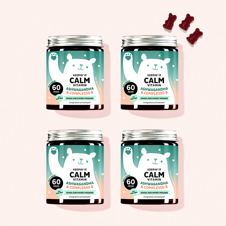 Quattro confezioni di Keepin' It Calm Vitamins con Ashwagandha da Bears with Benefits per meno stress e più pace interiore.