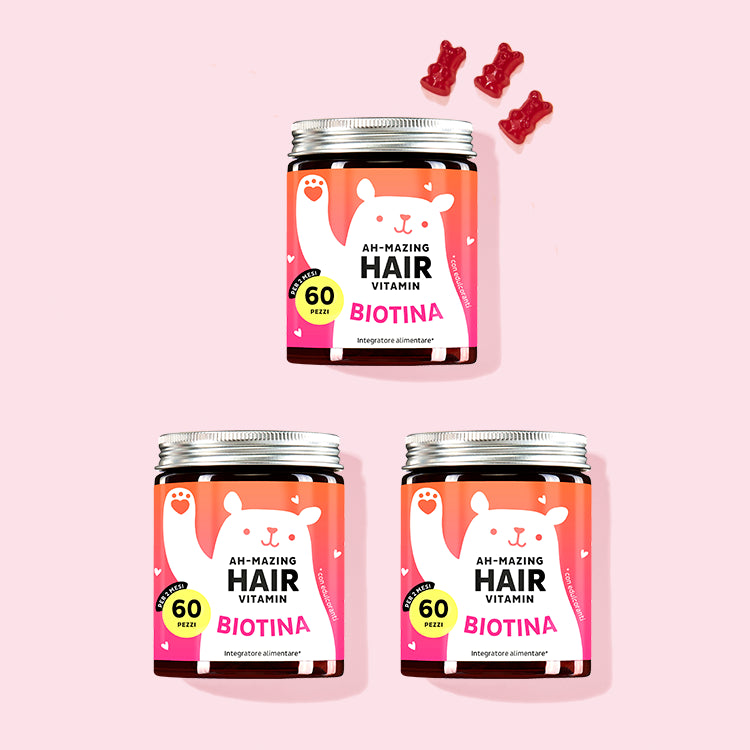 Tre confezioni di Vitamine Ah-mazing Hair Vitamins con biotina da Bears with Benefits per capelli forti e belli