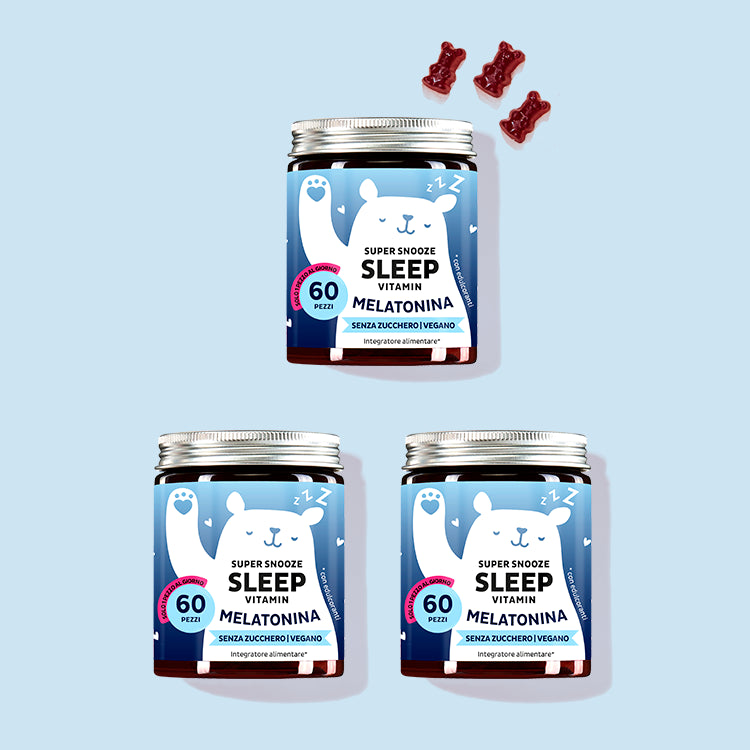 Tre confezioni di Vitamine Super Snooze Sleep con melatonina da Bears with Benefits per un sonno riposante.