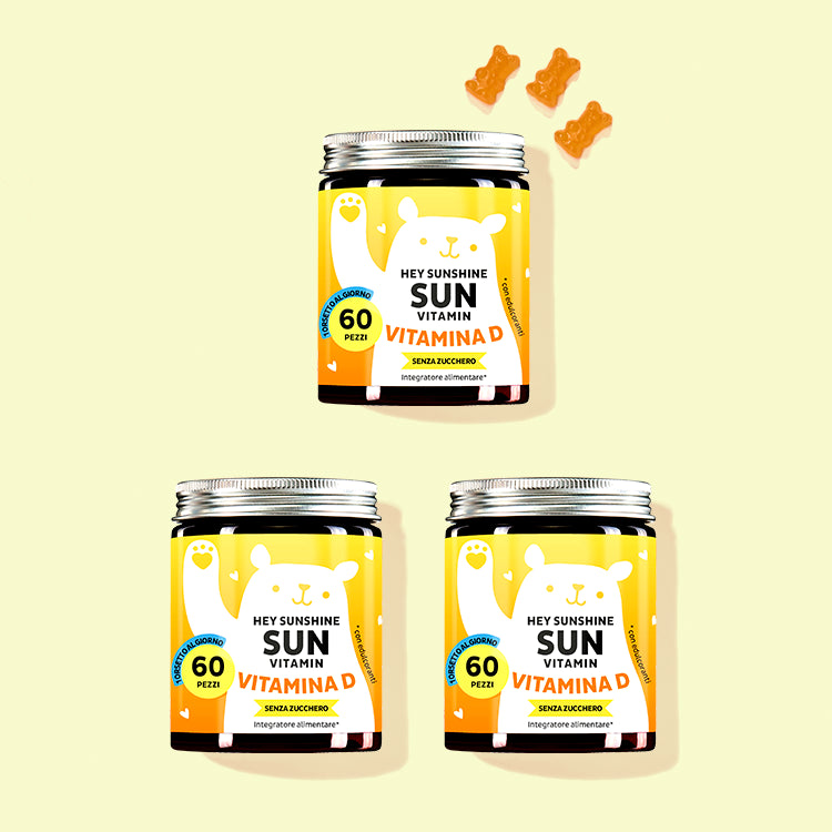 Tre confezioni di Hey Sunshine Sun con vitamina D per le ossa e i muscoli da Bears with Benefits.