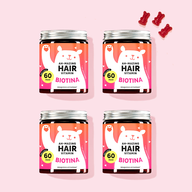 Quattro confezioni di Vitamine Ah-mazing Hair Vitamins con biotina da Bears with Benefits per capelli forti e belli.