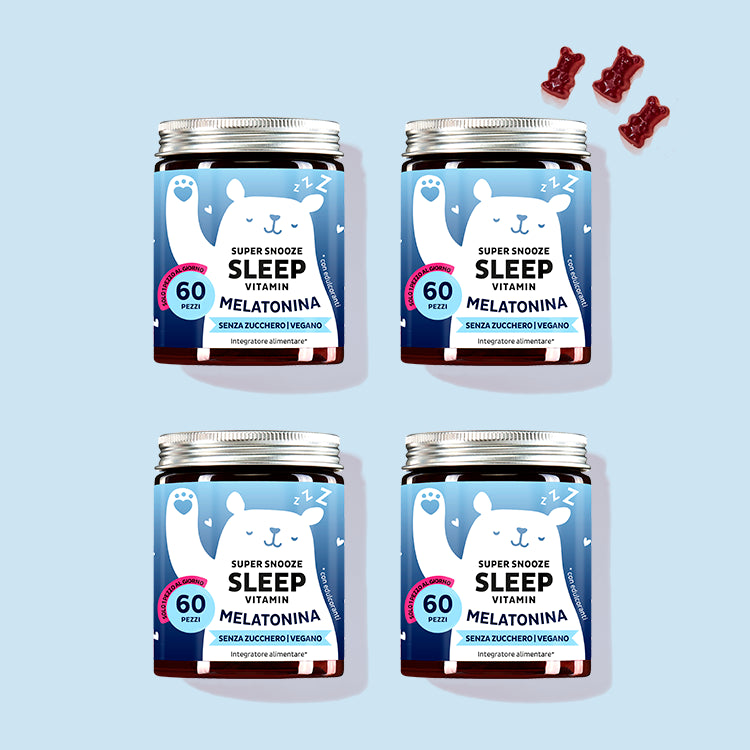 Quattro confezioni di Vitamine Super Snooze Sleep con melatonina da Bears with Benefits per un sonno riposante