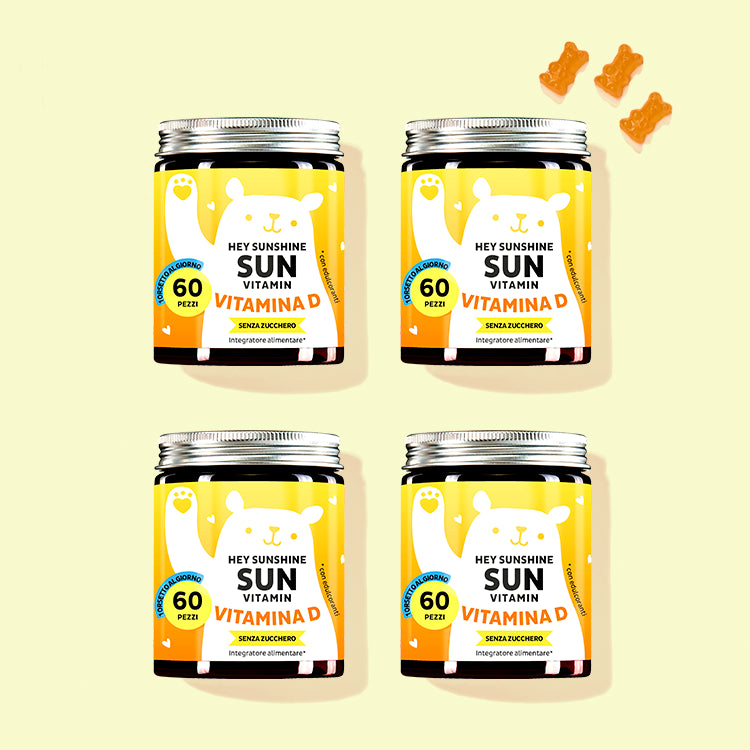 Quattro confezioni di Hey Sunshine Sun con vitamina D per le ossa e i muscoli da Bears with Benefits.