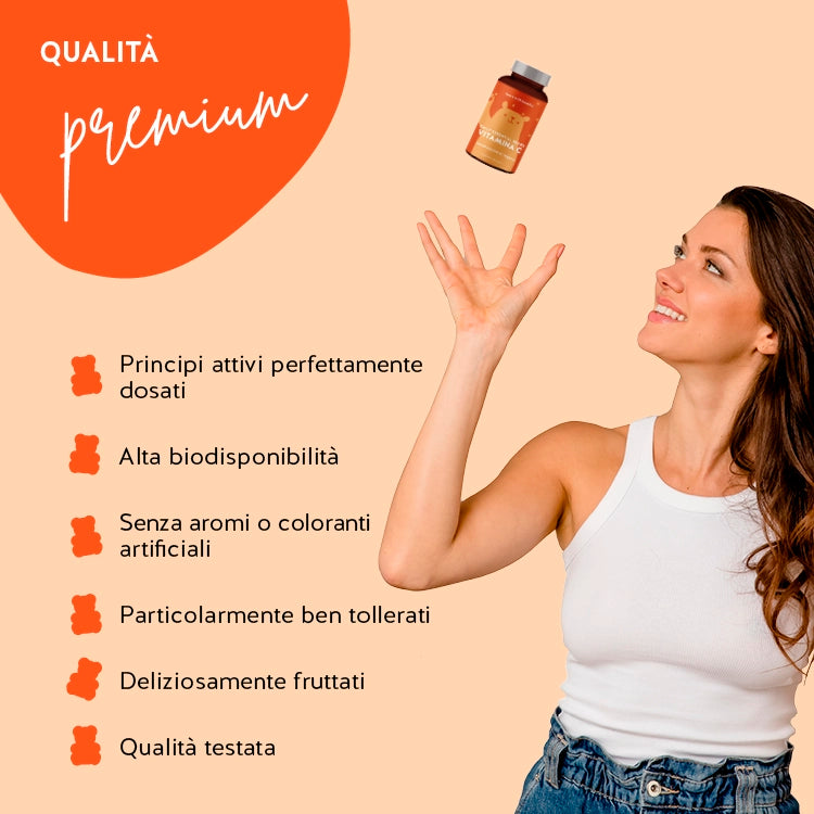 Questa immagine mostra i benefici degli Orsetti Daily Essential Bears con vitamina C di Bears with Benefits: Principi attivi perfettamente dosati, alta biodsponibilità, senza aromi o coloranti artificiali, particolarmente ben tollerati e deliziosamente fruttati. Qualità testata.