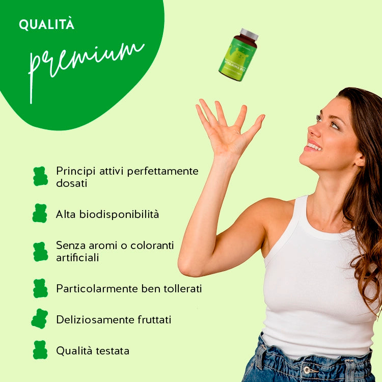 Questa immagine mostra i benefici degli Orsetti Daily Essential Bears con vitamina B12 di Bears with Benefits: Principi attivi perfettamente dosati, alta biodsponibilità, senza aromi o coloranti artificiali, particolarmente ben tollerati e deliziosamente fruttati. Qualità testata.