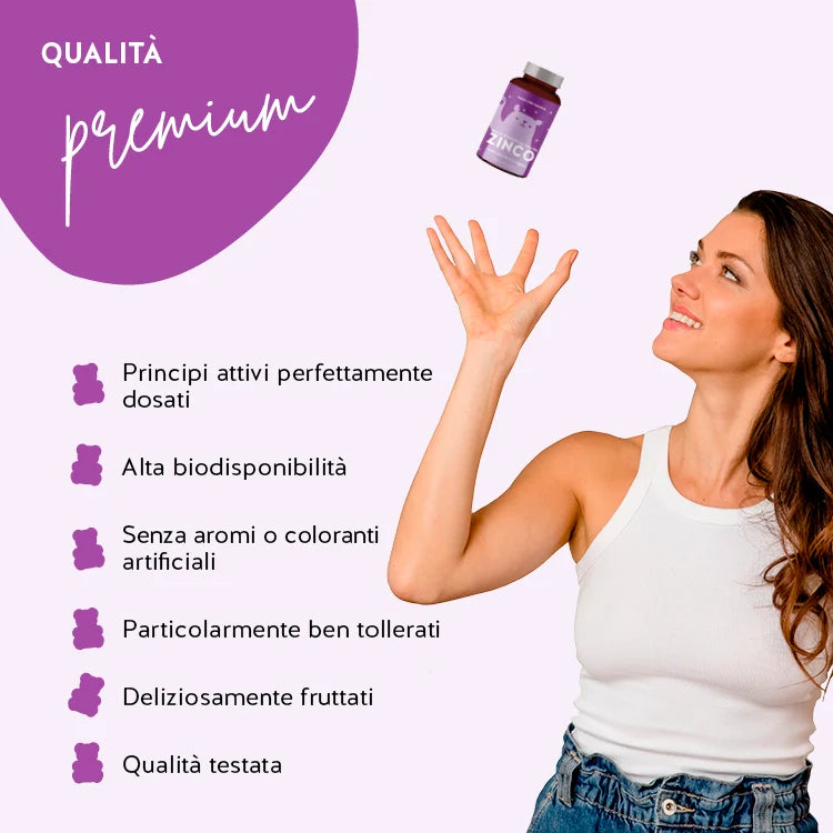 Questa immagine mostra i benefici degli Orsetti Daily Essential Bears con zinco di Bears with Benefits: Principi attivi perfettamente dosati, alta biodsponibilità, senza aromi o coloranti artificiali, particolarmente ben tollerati e deliziosamente fruttati. Qualità testata.