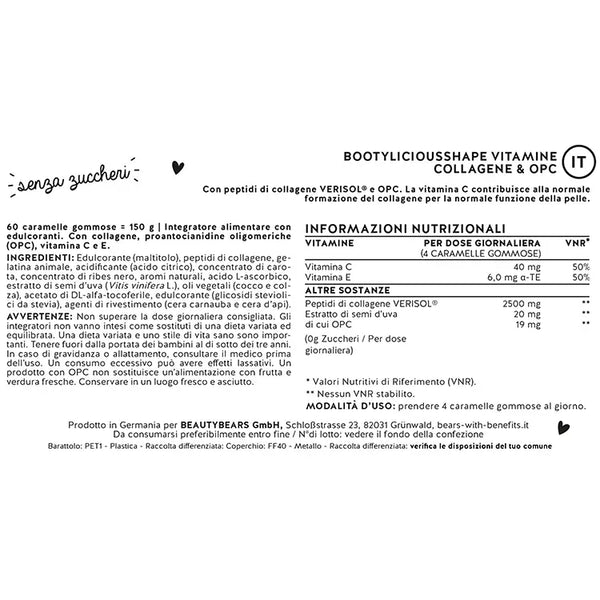 Etichetta del prodotto Bootylicious Shape con collagene che mostra gli ingredienti e i valori nutrizionali.